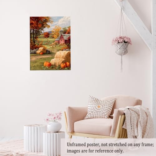 Autumn Farmhouse Wall Art – Rustic Red Barn Landscape with Pumpkins, Fall Harvest Canvas Print for Country Living Room or Seasonal Decor Display 16x20in Unframed - Image 6