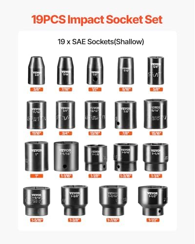 VEVOR Impact Socket Set 1/2 Inches 19 Piece Impact Sockets, 1/2 Inches Drive Socket Set Impact 6-point Hex Sockets Standard SAE (3/8 Inches to 1-1/2 Inches) Standard Socket Assortment - Image 3