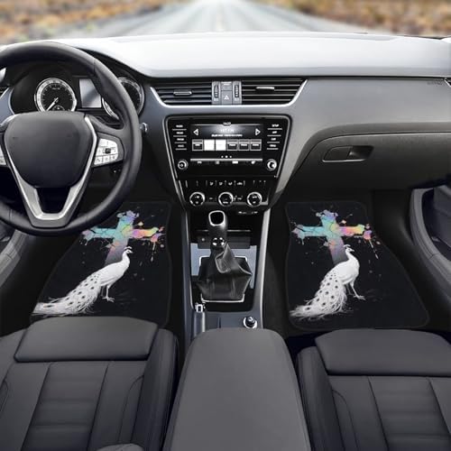 Peacock Car Accessories Floor Mats 4PCS, Stain Glass Cross Rubber Front and Rear Mats Non-Slip Floor Mats, White Peacock All Season Heel Pad Fit for SUV Van