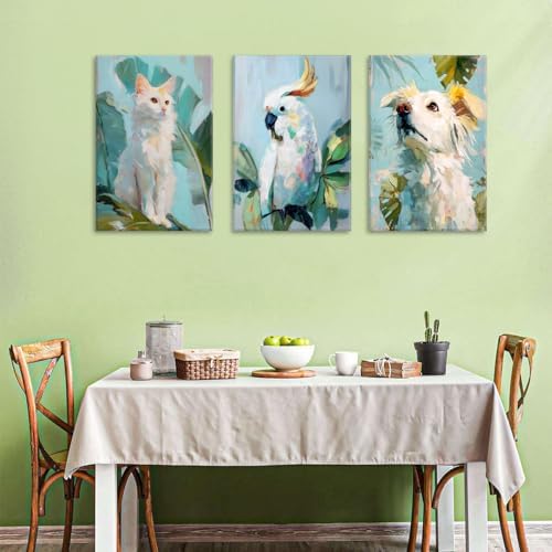 Big Cute Cat Wall Art Green Botanical Picture Woodland Nursery Wall Decor Tropical Teal Leaves Painting Animals Portrait Poster Framed Artwork for Bedroom Living Room Home Decorations 24x36 3P - Image 5