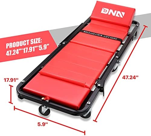DNA Motoring TOOLS-00192 48" 2 IN 1 Folding Rolling Garage Shop Creeper Roller Seat, 7 Pcs 2" Casters, 350 Lbs Weight Capacity, Red - Image 2