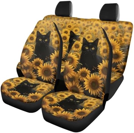 Black Cat Sunflower Print Print 4pcs Car Seat Covers Universal Bucket Seat Covers with Front Rear Split Bench Protector Covers Fits for Most Sedan Truck Auto Interior Accessories