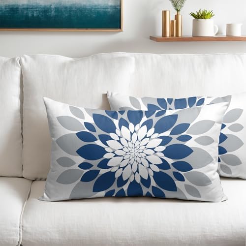 Blue Grey Dahlia Pillow Covers 12x20 Set of 2 Navy Blue Floral Throw Pillow Covers Natural Pillowcase Linen Decoration Farmhouse Soft Decorative Flower Cushion Case Couch for Indoor Outdoor Home Decor - Image 2