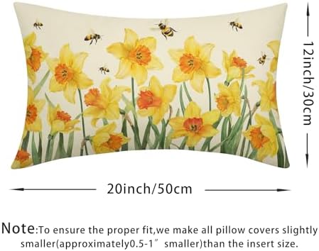 Spring Pillow Covers 12x20 Set of 2 Yellow Floral Throw Pillow Covers Rustic Flower Pillowcase Linen Decoration Farmhouse Soft Decorative Bee Summer Cushion Case Couch for Indoor Outdoor Home Decor - Image 4