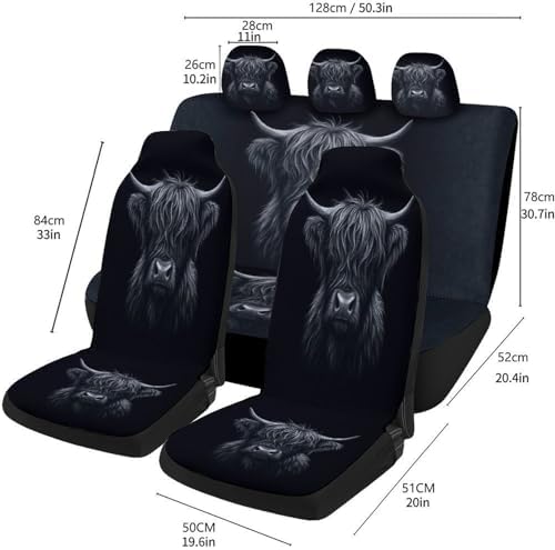Highland Cow Pattern Car Seat Covers, Trendy Universal Car Seat Protector Full Set, Automotive Seat Covers for Front Seats Rear Seat Back Seat Gift (Black Highland Cow, Full Set)