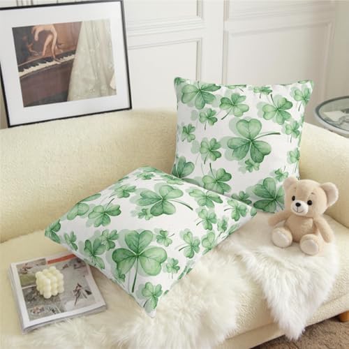 Sweetshow Saint Patricks Day Pillow Covers 12x12 Inches Green Clover Throw Pillow Case Set of 2 Spring Summer Green Leaf Pillows Cotton Linen Cushion Cover for Home Couch Sofa Livingroom - Image 2