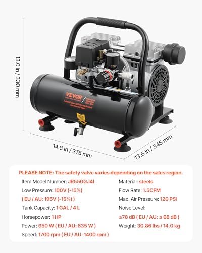 VEVOR Air Compressor, 1 Gallon Steel Tank, 1HP 1.5CFM @ 90PSI Oil Free Air Compressor & Max. 120PSI Pressure, 78dB Ultra Quiet Portable Compressor for Auto Repair, Tire Inflation, Spray Painting, 120V - Image 7
