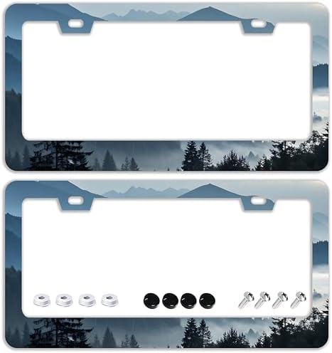 Mountains Forest License Plate Frames - 2 Pcs Set 2 Holes Stainless Steel Metal Novelty Auto Car Accessories Decoration License Plate Frame Cover Size 6.3" x 12.2" Fit US Vehicles for Women Men Gift