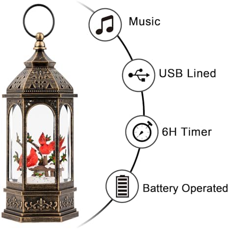 Christmas Snow Globe Lantern Water Glittering 10.5'' Cardinal with Music& Timer, USB Lined/Battery Operated Lighted Lantern for Christmas Festival Decoration Gifts - Image 5