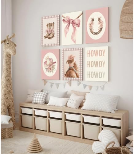 Western Cowgirl Nursery Wall Art Decor Vintage Girl Room Canvas Poster Pink Coquette Nursery Art Prints Preppy Aesthetic Pictures Bow Floral Boots Artwork for Girls Bedroom 12x16x6 Inch Wrapped Canvas - Image 3