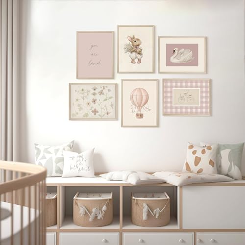 Pink Nursery Wall Art Baby Girl Canvas Wall Decor Vintage Poster Bunny Flower Wall Art Antique Preppy Pictures Animal Floral Prints Kids Swans Painting for Girls Room Bedroom 8x10x6 Inch Wood Framed - Image 4