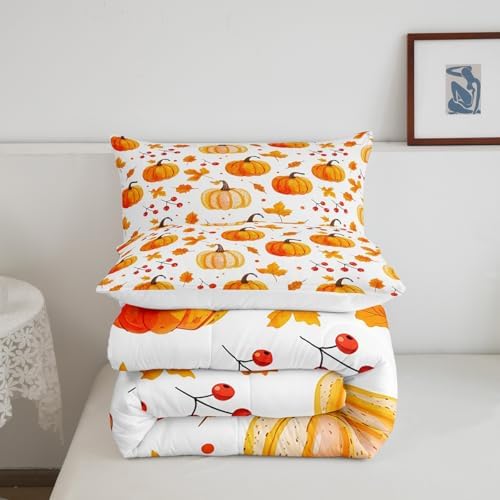 Erosebridal Fall Pumpkin Comforter Set Thanksgiving Pumpkin Decorations Bedding King Size Autumn Fall Maple Leaf Comforter Harvest Season Fruit Decor for Kids Rustic Farmhouse Bed Set 2 Pillowcases - Image 6