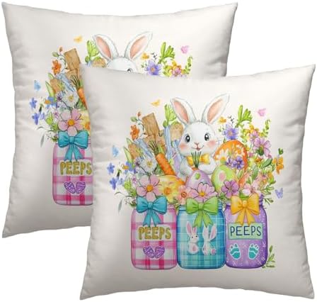 Sweetshow Easter Bunny Carrots Throw Pillow Covers 22X22 Inches Set of 2 Spring Colorful Flowers Mason Jar Pillowcase Soft Cotton Square Seasonal Cushion Covers for Living Room Sofa Bedroom Decor by Sweetshow