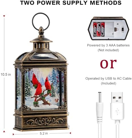 Christmas Snow Globe Water Glittering Cardinal with Music, USB Lined/Battery Operated Lighted Lantern for Christmas Festival Decoration Gifts - Image 6