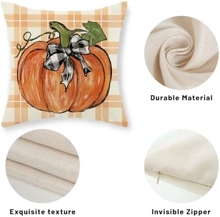 Fall Pillow Covers 18x18 Set of 2 Orange Pumpkin Leaf Buffalo Plaid Fall Decor Pillowcase Autumn Thanksgiving Decorative Outdoor Throw Pillow Covers Linen Farmhouse Cushion Case for Sofa Home - Image 7