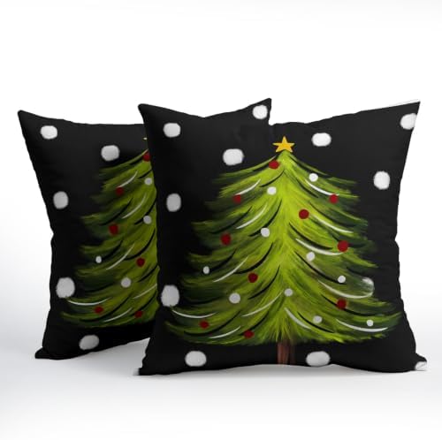 Christmas Black Throw Pillow Covers 18x18 Set of 2 Winter Green Xmas Tree - Image 3