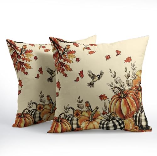 Fall Robin Pumpkin Throw Pillow Covers 24x24 Set of 2 Thanksgiving Harvest Maple Leaves Pillow Covers Buffalo Plaid Pumpkin Watercolor Foliage Pillowcase for Kitchen Outdoor Couch Room Decoration - Image 3
