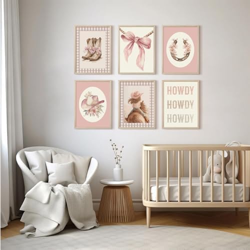 Western Cowgirl Nursery Wall Art Decor Vintage Girl Room Canvas Poster Pink Coquette Nursery Art Prints Preppy Aesthetic Pictures Bow Floral Boots Artwork for Girls Bedroom 8x10 Inch Framed 6Pcs - Image 6