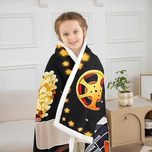 Movie Theater Film Throw Blanket Vintage Cinema Popcorn Fleece Flannel Blankets Kids Boys Girls Room Decor Family Theater Bed Blankets for Bed Sofa Couch Black Yellow Red Plush Blanket Throw 50"x60" - Image 3