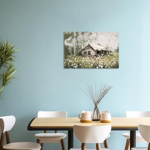QIXIANG Farmhouse Old Barn Canvas Wall Art Vintage Rustic White Flower Landscape Pictures Prints for Living Room Bedroom Wall Decor (12.00" x 18.00", painting) - Image 4