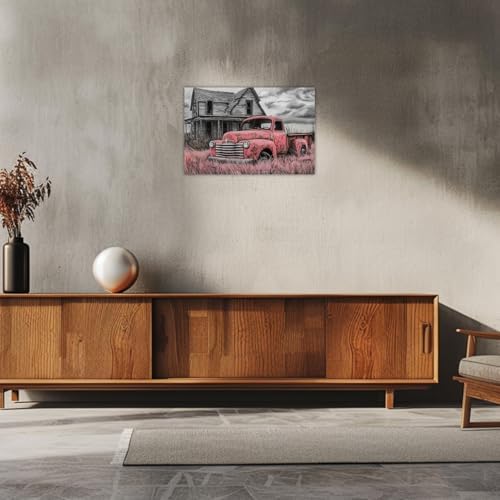 AWPANERAR Rustic Farmhouse Wall Decor Old Truck Canvas Print Car Painting Vintage Truck Poster Living Room Decor Frame (Pink, (20.00" x 30.00")) - Image 4