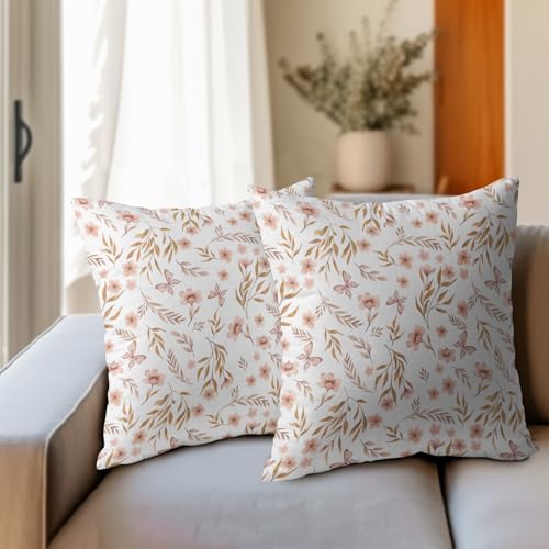 Spring Pink Floral Pillow Covers 18x18 Set of 2 Flower Leaf Throw Pillow Covers Pillowcase Linen Decoration Farmhouse Soft Decorative Butterfly Vintage Cushion Case Couch for Indoor Outdoor Home Decor - Image 3