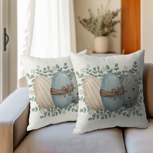 Easter Pillow Covers 16x16 Set of 2 Spring Throw Pillow Covers Rustic Cute Eggs Pillowcase Linen Decoration Farmhouse Soft Decorative Blue Cushion Case Couch for Indoor Outdoor Home Decor - Image 3
