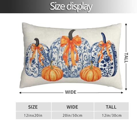 Fall Pillow Covers 12x20 Set of 2 Chinoiserie Blue and Orange Pumpkin Throw Pillows Autumn Thanksgiving Outdoor Fall Decoration Pillowcase Farmhouse Lumbar Cushion Case for Couch Home Decor - Image 2