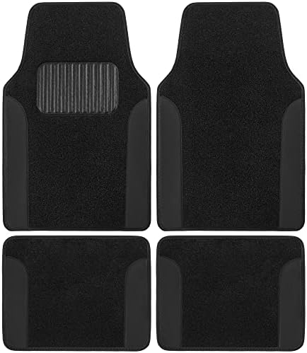 BDK Carpet Floor Mats for Cars, Two-Tone Carpet Car Mat with Faux Leather Accents, Automotive Floor Mat Sets with Built-in Heel Pad, Stylish Interior Car Accessories Black