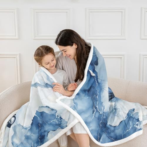 Marble Sherpa Blanket Nautical Anchor Throw Blanket Bedroom Living Room Soft Cozy Modern Abstract Ink Painting Blankets Decor for Bed Couch Sofa Blue White Black Flannel Blankets 90"x90" - Image 2