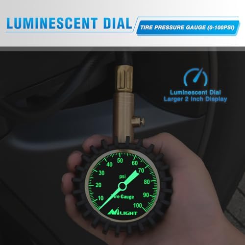 Nilight 100PSI Tire Pressure Gauge Glow Dial 14" Extended Hose