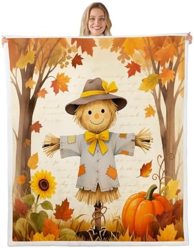 Fall Scarecrow Sherpa Blanket Maple Leaf Sunflower Throw Blanket Bedroom Living Room Soft Cozy Harvest Thanksgiving Pumpkin Blankets Decor for Bed Couch Sofa Orange Yellow Flannel Blankets 50"x60" by CastleFairy