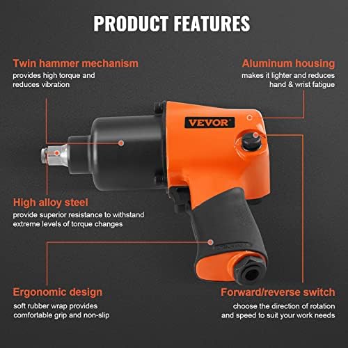 VEVOR Air Impact Wrench, 1/2" Drive Air Impact Gun Up to 880ft-lbs Nut-busting Torque, 7500RPM Lightweight Pneumatic Tool for Auto Repairs and Maintenance - Image 3