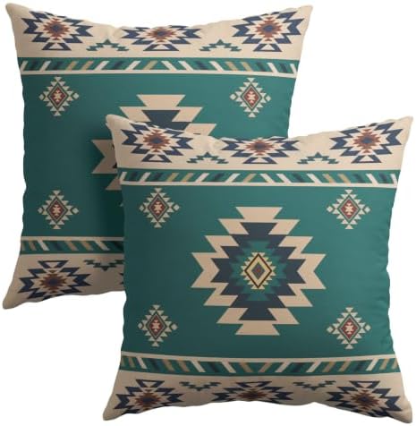 Sweetshow Western Native American Throw Pillow Covers 12x12 Inch Turquoise Blue Aztec Southwest Decorative Pillow Cases for Couch Set of 2 Linen Cushion Cover for Couch Sofa Patio Bedroom Livingroom by Sweetshow