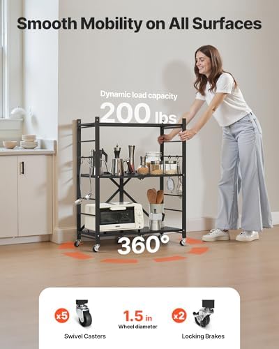 VEVOR 3-Tier Foldable Storage Shelf, 30W x 13D x 36H Inch Folding Metal Rack Shelving Unit, No Assembly Organizer Shelf with 5 Wheels & 4 Hooks for Pantry, Kitchen, Garage, Basement, Black - Image 6