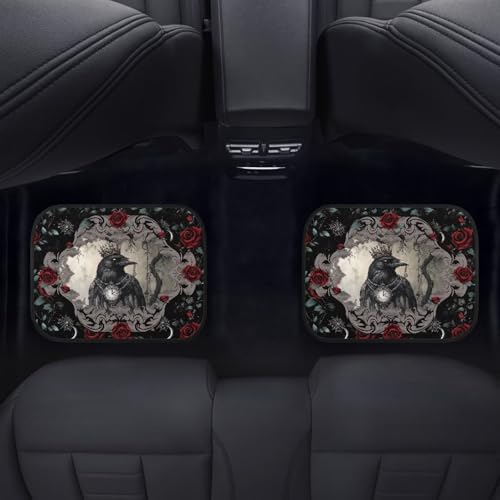Raven 4 Pcs Car Floor Mats Retro Gothic Crown Crow Clock All Weather Anti Slip Front Rear Row Foot Mat Gothic Red Rose Thorn Car Interior Universal Fit for SUV Truck