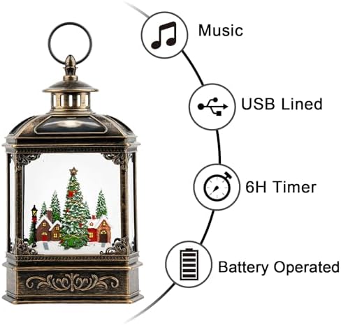 Christmas Snow Globe Lantern Water Glittering Xmas Village with Music & Timer, USB Lined/Battery Operated Lighted Lantern for Christmas Festival Decoration Gifts - Image 4