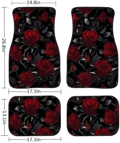 Garden Car Accessories Floor Mats 4PCS, Red Rose Rubber Front and Rear Mats Non-Slip Floor Mats, Vintage Thron Floral All Season Heel Pad Fit for SUV Van