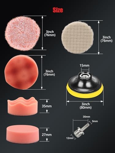 Drill Polishing Kit for Car, 3''(80mm) 32Pcs Car Foam Buffing Pads, Wool Pads Drill Buffing Pad, Wax Buffer Polisher Attachment with 5/8-11 Thread Backing pad & Adapters - Image 3