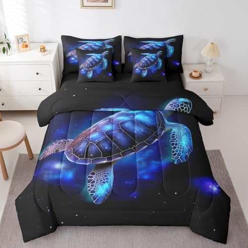 Sea Turtle King Comforter Set 7 Pieces,All Season Bed in a Bag King,Exotic Tortoise Bedding Set with Blue Galaxy Nautical Sea Animal Comforter,Flat Sheet,Fitted Sheet,Pillowcases,Pillow Shams by Erosebridal