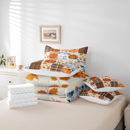 Erosebridal Patchwork Autumn Fall Queen Comforter Set 7 Piece Blue Orange Pumpkin Bed in A Bag Farmhouse Buffalo Plaid Thanksgiving Bedding Set for Kids Adults Maple Leaf Sheet Set with Comforter - Image 6