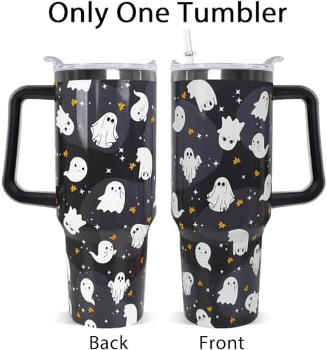 Halloween Tumbler 40oz Ghost Tumbler Spooky Leak Proof Cups with Handle and Straw Insulated Water Bottle Coffee Travel Mugs for Halloween Decor Gifts for Women Men (1PCS) - Image 3