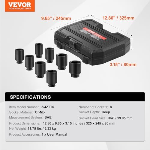 VEVOR Axle Nut Impact Socket Set - 3/4" Drive Deep 6-Point 8-Piece SAE Spindle Nut Socket CR-MO Heat Treated Large Socket Set with Storage Case for Auto Repair, Removing or Installing Axle Nuts - Image 7