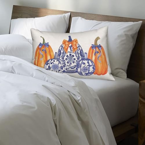 Fall Chinoiserie Pillow Covers 12x20 Set of 2 Blue and Orange Pumpkin Throw Pillows Grandmillennial Autumn Thanksgiving Decoration Pillowcase Outdoor Lumbar Cushion Case for Couch Home Decor - Image 7