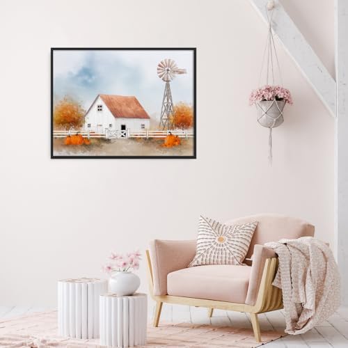 White Barn with Pumpkins Wall Art – Autumn Farmhouse Landscape Poster,Rustic Fall Windmill Canvas Print for Entryway or Thanksgiving Dining Room Decor 12x16in Black aluminum frame - Image 5