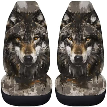 Brown Wolf Print Car Front Seat Cover 2 Piece Vehicle Interior Cover Protector Decor Accessory Seat for SUV Truck Van Sedan