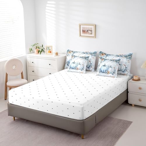 Erosebridal Fall Blue Pumpkin Bedding Set Watercolor Maple Eucalyptus Leaves Bed in A Bag Autumn Thanksgiving Full Comforter Set 7 Piece for Kids,Rustic Farmhouse Sheet Set with Comforter - Image 5