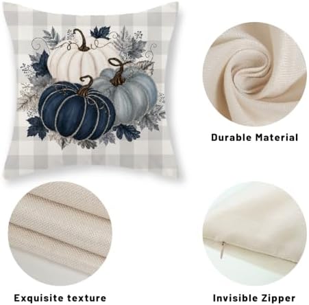 Fall Blue PumpkinPillow Covers 18x18 Set of 2 White Grey Buffalo Plaid - Image 7