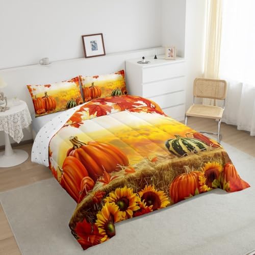 Feelyou Fall Bedding Set for Girls Boys Kids Toddler Size Maple Leaves Pumpkin Comforter Cover Room Decor Daisy Botanical Floral Printed Duvet Cover Beige Orange Yellow Quilt Set by Feelyou