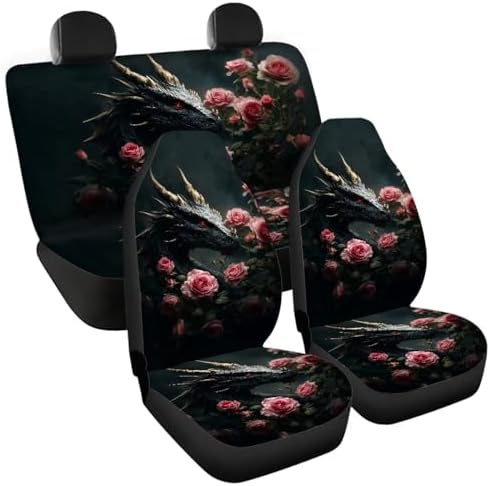 Cool Dragon Roses Print Car Seat Covers 4Pcs Front & Rear Breathable Seat Covers Universal Fits for Truck, Sedan, SUV Auto Interior Protector Car Accessories